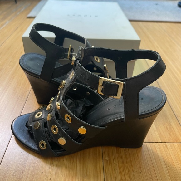 Sandro Black Leather Strappy wedges with gold rivets - Picture 5 of 8